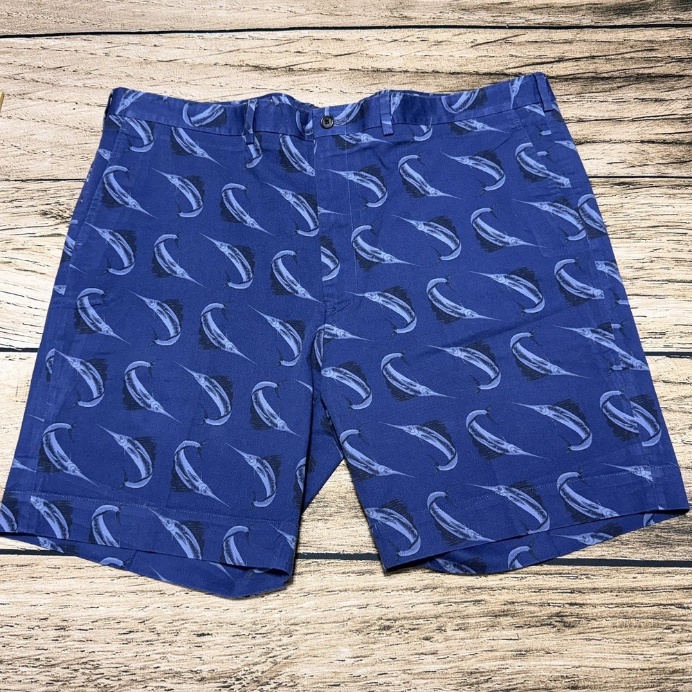 Maus Hoffman Shorts Mens 44 Blue Chino Sailfish AOP Nautical Preppy Beach 8"